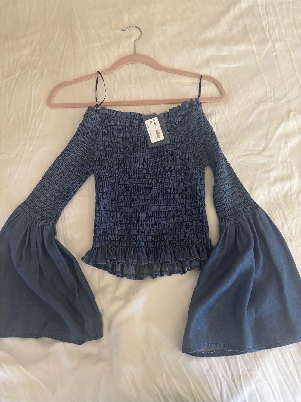Indigo Smocked Off-Shoulder Top in Dusty Blue with Bell Sleeves